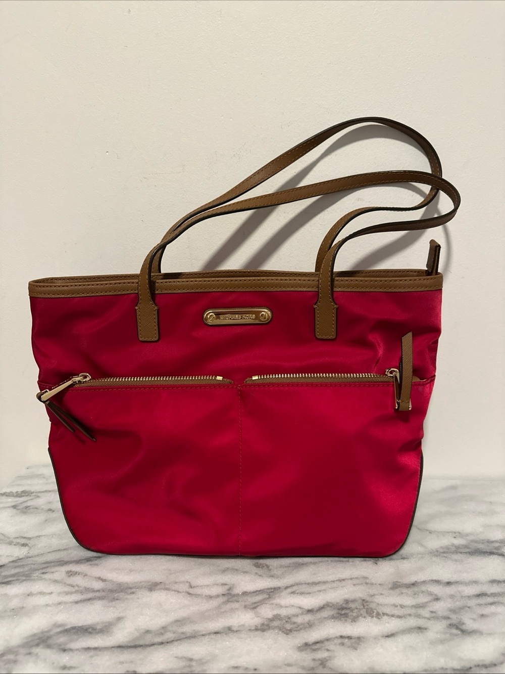 Michael Kors kempton red nylon Tote bag with Brown Trim